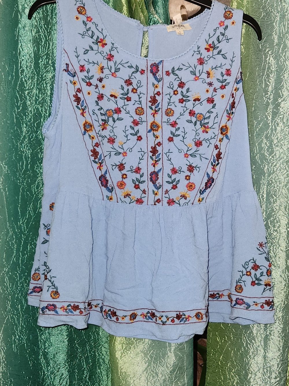 Umgee Light Blue Floral Embroidered Sleeveless Peplum Camisole